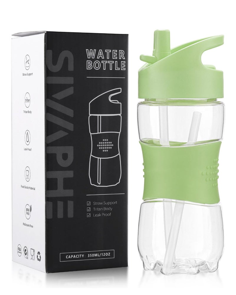 Sivaphe Sivphe Small Kids Water Bottle with Straw 12 oz Leakproof Little School Tritan Plastic Drinking Bottle for Boys and Girls Indoor and Outdoor(1 Pack Green) - Image 1