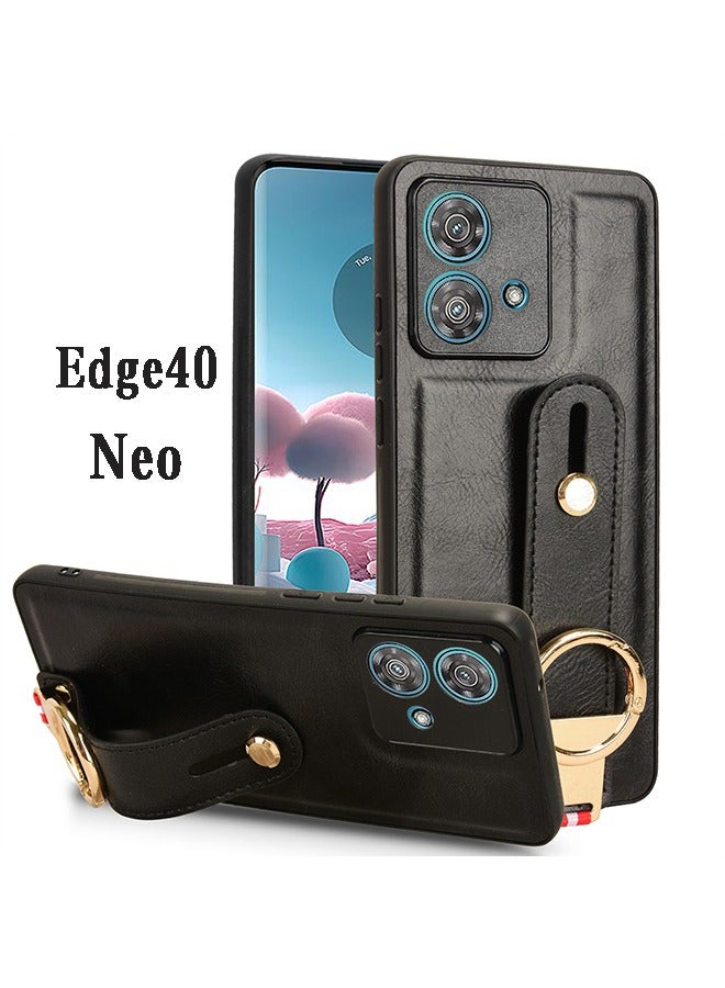 GKK Motorola Edge 40 Neo 5G Leather Case Cover with Kickstand, Wrist Strap, Finger Loop, All-Inclusive Lens Adjustable Wristband With hanging rope Leather Protective Case for Motorola Edge 40 Neo 5G  - Image 1