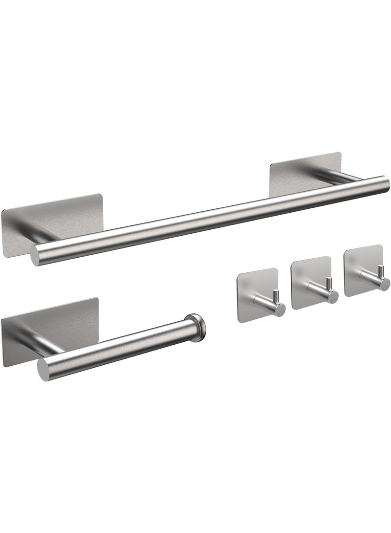 YQbest Self-Adhesive Towel Rail, 5-Piece Bathroom Accessories Kit, 16 inch/40cm Wall-Mounted Towel Holder, Toilet Paper Holder and 3 Towel Hooks, 304 Stainless Steel, Bath Towel Bar - Image 1
