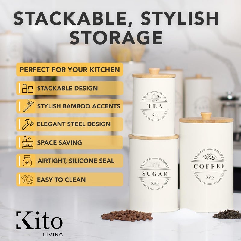 Kito LIVING Canister Sets for Kitchen Counter with Wooden Bamboo Lids, Kitchen Canisters for Countertop, Stackable Steel Farmhouse Canisters for Potato Storage, Onion and Potato Storage Bins - Cream - Image 3