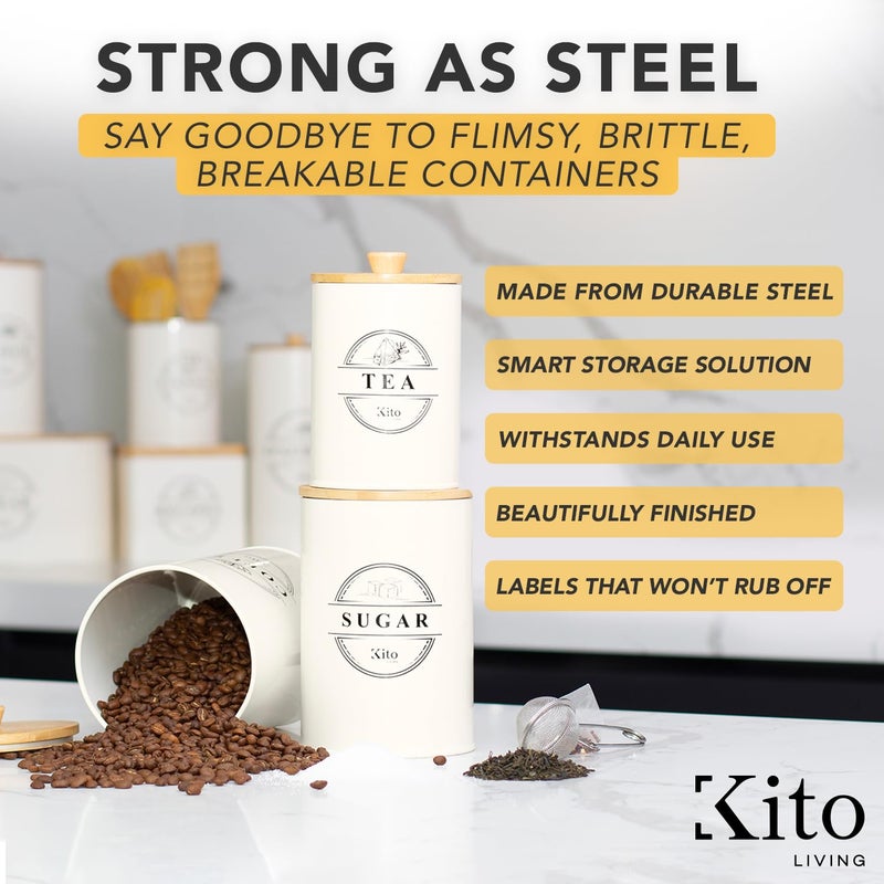 Kito LIVING Canister Sets for Kitchen Counter with Wooden Bamboo Lids, Kitchen Canisters for Countertop, Stackable Steel Farmhouse Canisters for Potato Storage, Onion and Potato Storage Bins - Cream - Image 2