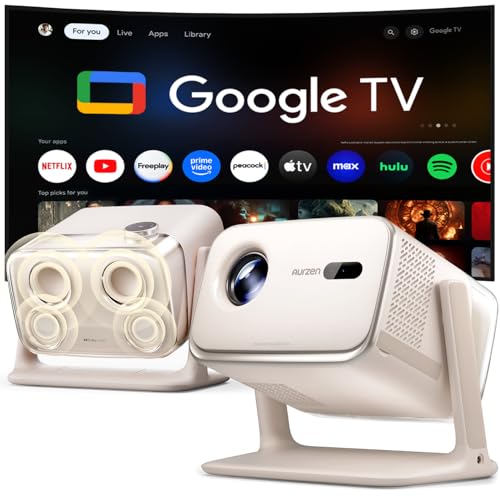 Aurzen BOOM mini Google TV Outdoor Smart Projector with Voice Control, Family Mode, 20W Dolby Audio, WiFi & Bluetooth, 4K Supported Movie Projector for Backyard/Bedroom/Home Theater/Ceiling, Off-white - Image 1