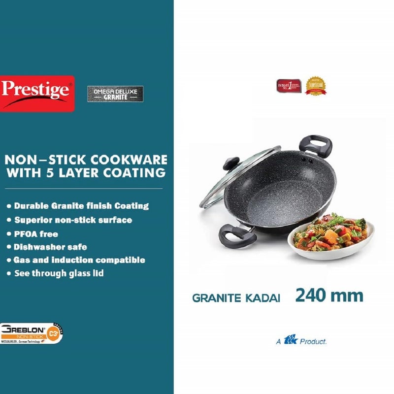 Prestige Omega Deluxe NonStick Kadhai 24 litres Black Induction Base NonStick Granite Finish Scratch Resistant Dishwasher Safe Metal Spoon Friendly - Image 3