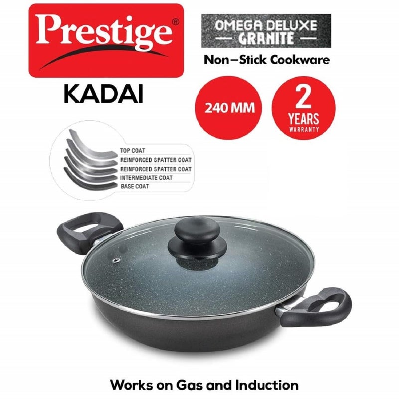Prestige Omega Deluxe NonStick Kadhai 24 litres Black Induction Base NonStick Granite Finish Scratch Resistant Dishwasher Safe Metal Spoon Friendly - Image 2