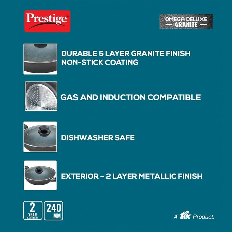 Prestige Omega Deluxe NonStick Kadhai 24 litres Black Induction Base NonStick Granite Finish Scratch Resistant Dishwasher Safe Metal Spoon Friendly - Image 4