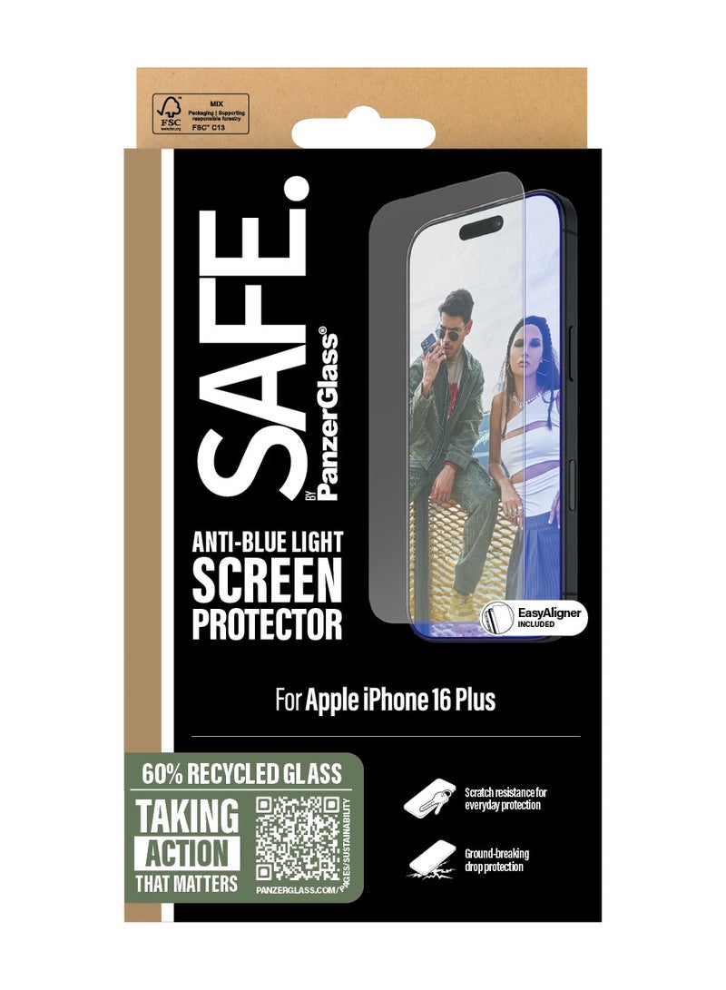 PanzerGlass حماية SAFE من PanzerGlass® ضد الضوء الأزرق لآيفون 16 بلس، زجاج معاد تدويره بنسبة 60%، طلاء مقاوم للبقع - مع مساعدة في التركيب لتسهيل التثبيت، واقي شاشة زجاجي مقسى لآيفون 16 - Image 3