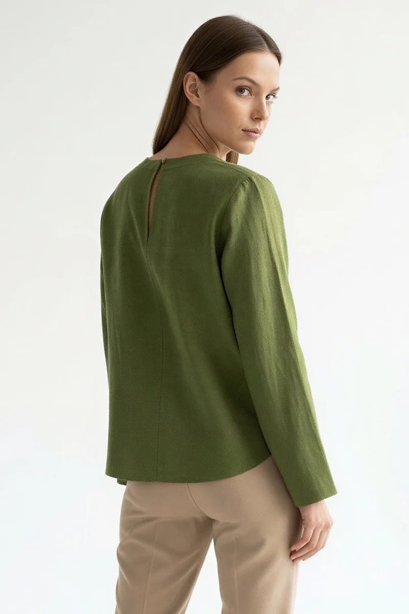 Exquise Crew Neck Long Sleeve Embroidered Collar Linen Regular Blouse