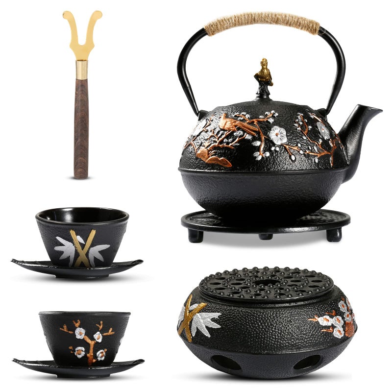 Dyna-Living Cast Iron Teapot with Warmer Japanese Tea Kettle 720ml/24.5oz Japanese Cast Iron Teapot Set with 2 Tea Cups Tea Pot with Infuser Tea Kettle for Wood Stove or Stovetop - Image 1