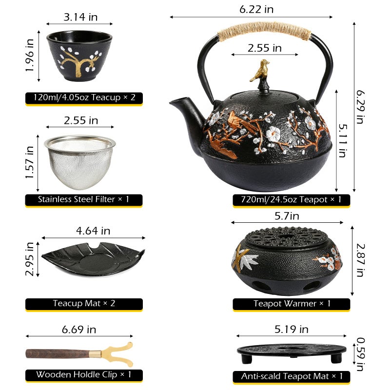 Dyna-Living Cast Iron Teapot with Warmer Japanese Tea Kettle 720ml/24.5oz Japanese Cast Iron Teapot Set with 2 Tea Cups Tea Pot with Infuser Tea Kettle for Wood Stove or Stovetop - Image 2