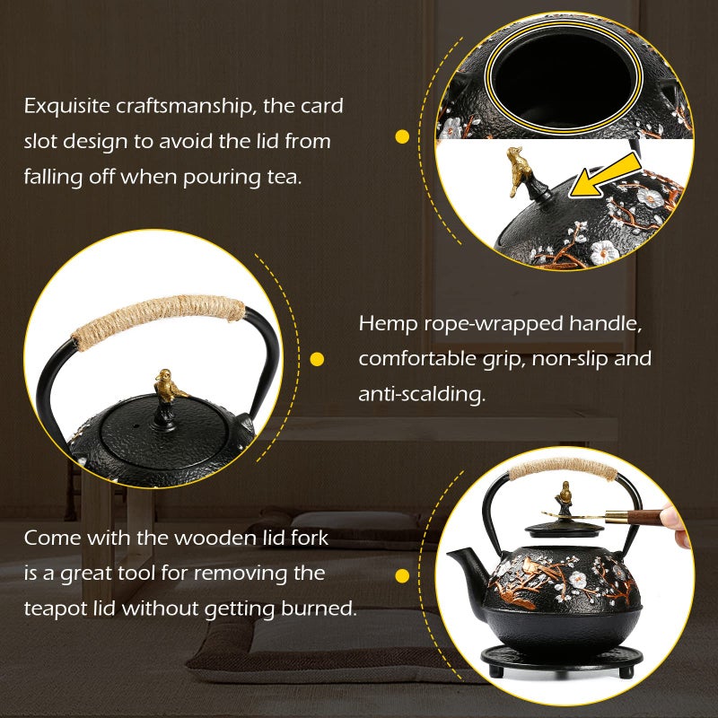 Dyna-Living Cast Iron Teapot with Warmer Japanese Tea Kettle 720ml/24.5oz Japanese Cast Iron Teapot Set with 2 Tea Cups Tea Pot with Infuser Tea Kettle for Wood Stove or Stovetop - Image 5