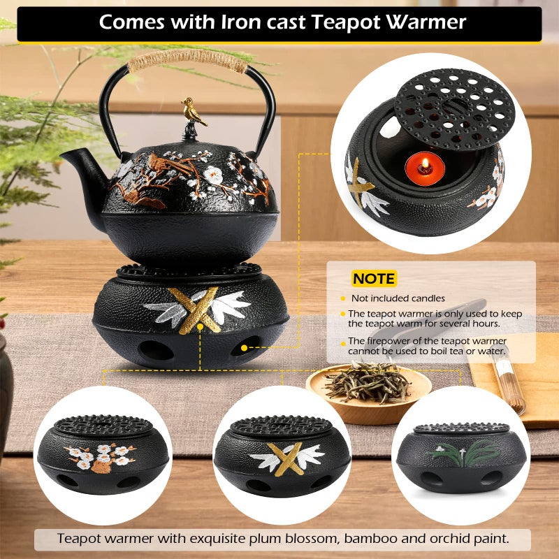 Dyna-Living Cast Iron Teapot with Warmer Japanese Tea Kettle 720ml/24.5oz Japanese Cast Iron Teapot Set with 2 Tea Cups Tea Pot with Infuser Tea Kettle for Wood Stove or Stovetop - Image 3