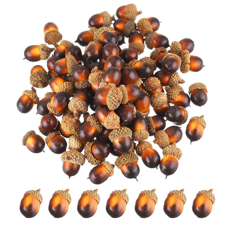 Bememo Bememo 100 Pack Lifelike Fall Acorns Thanksgiving Decor Artificial Fall Vase Filler Fake Mini Nutty Craft with Natural Acorn Hats Fruit Props Simulation Autumn Kitchen House Wedding DIY CraftBrown
