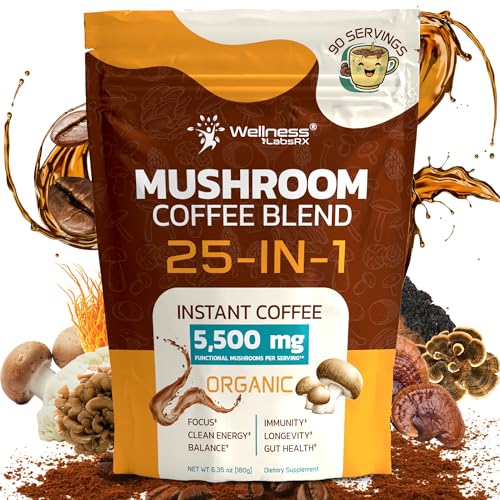 WELLNESS LABSRX Mushroom Coffee Organic Instant Coffee, 25-in-1, Third-Party Tested Keto Friendly Lions Mane Supplement with Functional Mushrooms – Shiitake, Reishi, Lion’s Mane & More | Smooth, Rich Flavor - 90 Servings - Image 1