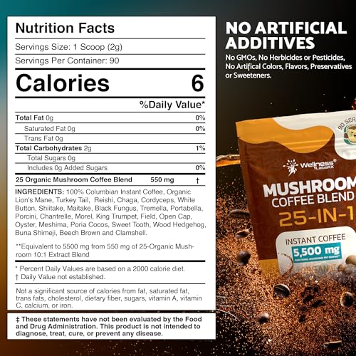WELLNESS LABSRX Mushroom Coffee Organic Instant Coffee, 25-in-1, Third-Party Tested Keto Friendly Lions Mane Supplement with Functional Mushrooms – Shiitake, Reishi, Lion’s Mane & More | Smooth, Rich Flavor - 90 Servings - Image 2