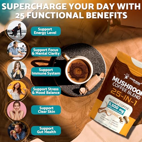 WELLNESS LABSRX Mushroom Coffee Organic Instant Coffee, 25-in-1, Third-Party Tested Keto Friendly Lions Mane Supplement with Functional Mushrooms – Shiitake, Reishi, Lion’s Mane & More | Smooth, Rich Flavor - 90 Servings - Image 3