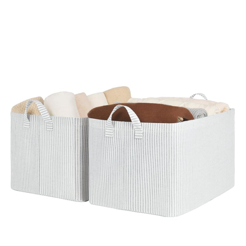 StorageWorks Storage Bins Fabric Storage Bins for Shelves Extra Large Storage Baskets with Metal Frame Closet Baskets and Bins with Handles Jumbo Gray and White Stripes 2Pack