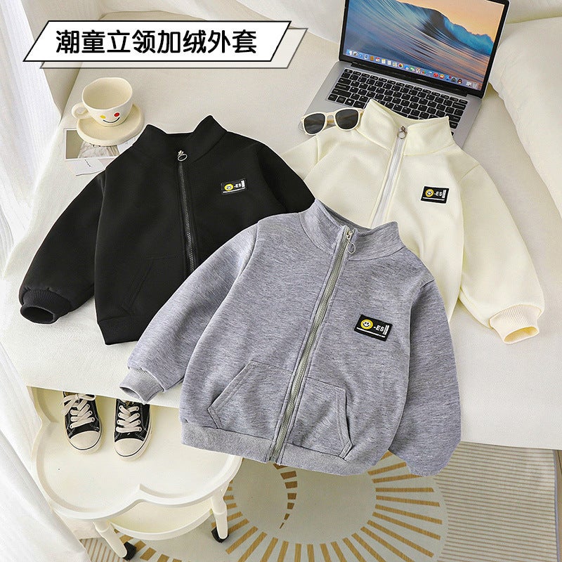 Children'S Velvet Coat Stand Collar New Boys And Girls Baseball Uniform Large Children'S Zipper Jacket Children'S Clothing - Image 2