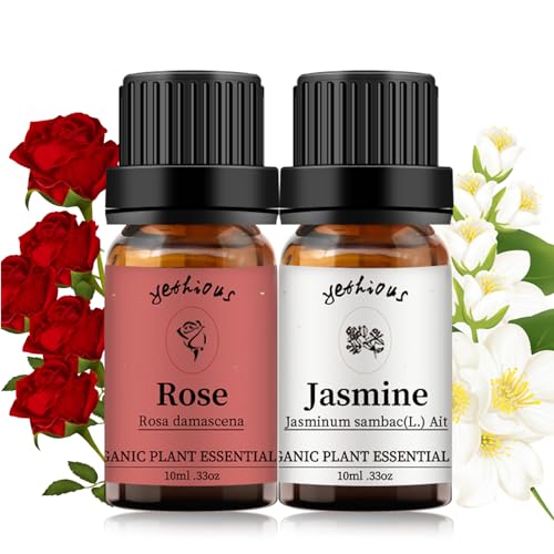 yethious Rose Essential Oil Jasmine Essential Oil for Diffuser, Hair, Skin, Body, Face, Perfume, Soap, Candle Making Rose Fragrance Oil Set Jasmine Oil Organic 2 X 10ML - Image 1
