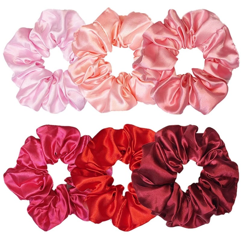 Sufermoe 6 Pcs Satin Silk Hair Scrunchies Soft Hair Ties for Women and Girls 45 Inch Hair Bands and Accessories in Assorted Red and Pink