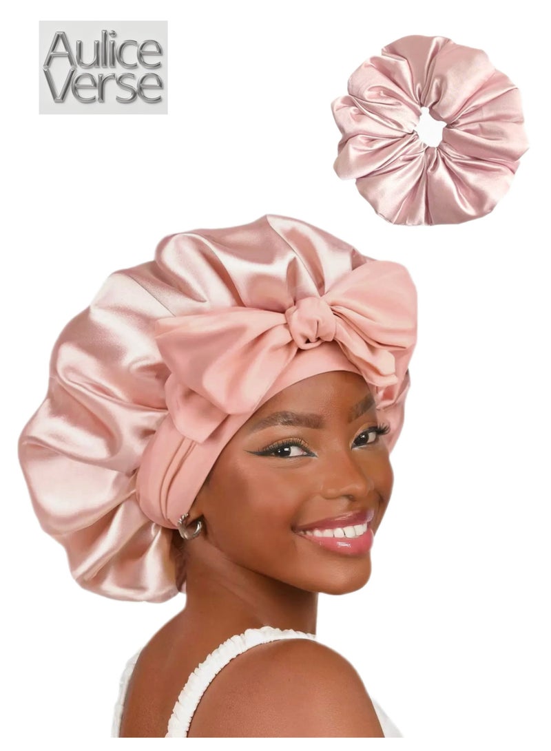 AuliceVerse 2-in-1 Double Layer Satin Silk Bonnet & Scrunchie Set – Sleep Hair Wrap for Curly & Natural Hair – Adjustable Tie Band (Lined for Protection) - Image 1