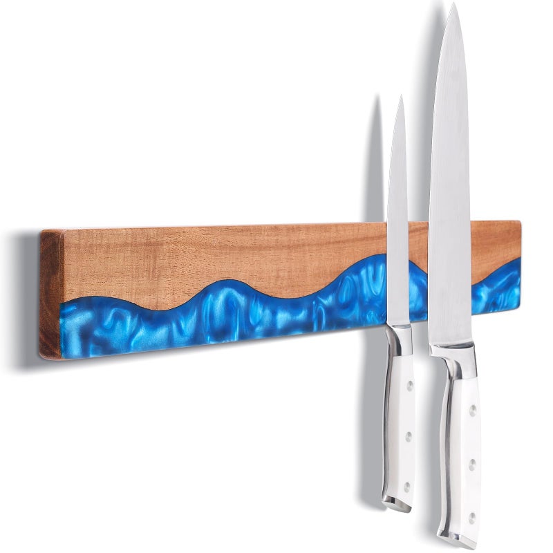 ENOKING 16 Inch Magnetic Knife Holder for Wall Acacia Wood Blue Resin Magnetic Knife Strip Powerful NoDrill Adhesive or Screws Mount Kitchen Knife Bar Storage Rack Ocean Blue Resin - Image 2