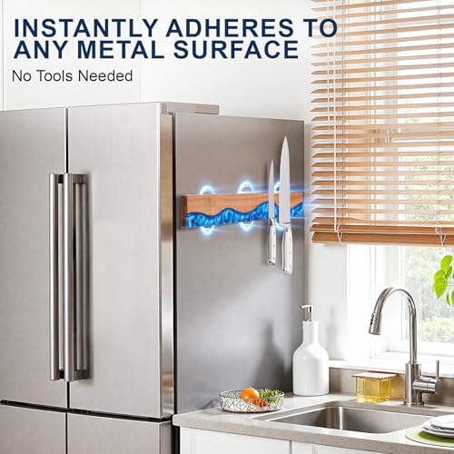 ENOKING 16 Inch Magnetic Knife Holder for Wall Acacia Wood Blue Resin Magnetic Knife Strip Powerful NoDrill Adhesive or Screws Mount Kitchen Knife Bar Storage Rack Ocean Blue Resin - Image 3