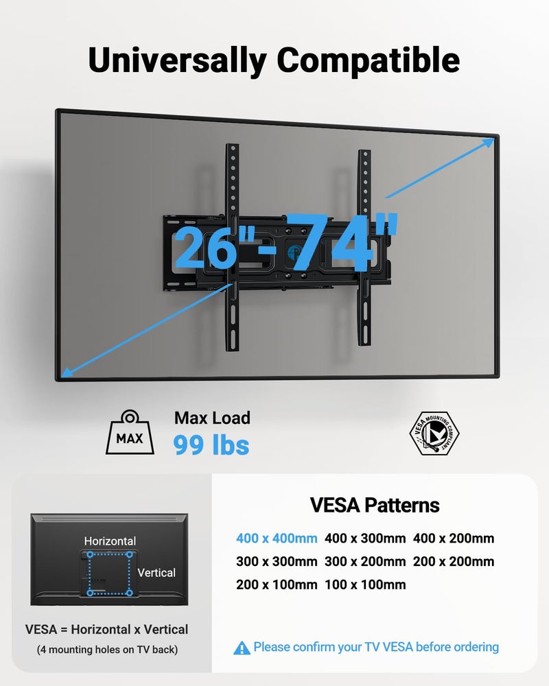 Pipishell TV Wall Mount for 26-74 inch LED LCD OLED 4K TVs up to 99lbs, Full Motion TV Mount Bracket Articulating Swivel Extension Tilting Leveling Max VESA 400x400mm, Fits 12/16 Inch Wood Studs - Image 2