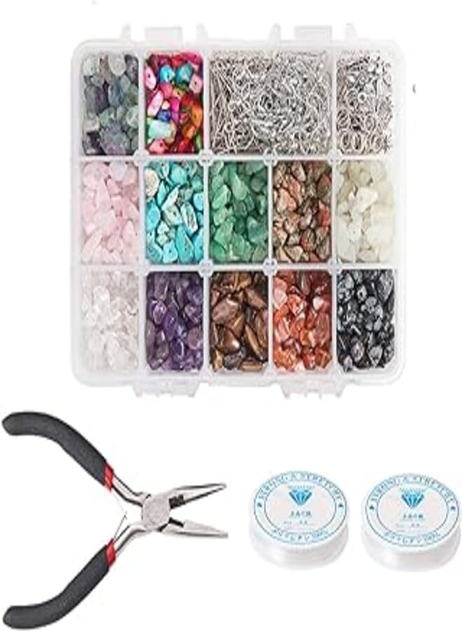 Stiesy SiTey 1 Box Irregular Chips Gemstone Beads Kit with Shell Beads Tibetan Style Pendant Charms Jump Rings Pins Brass Earring Hooks and Needle Nose Pliers Elastic Thread for Jewelry Making Supplies 