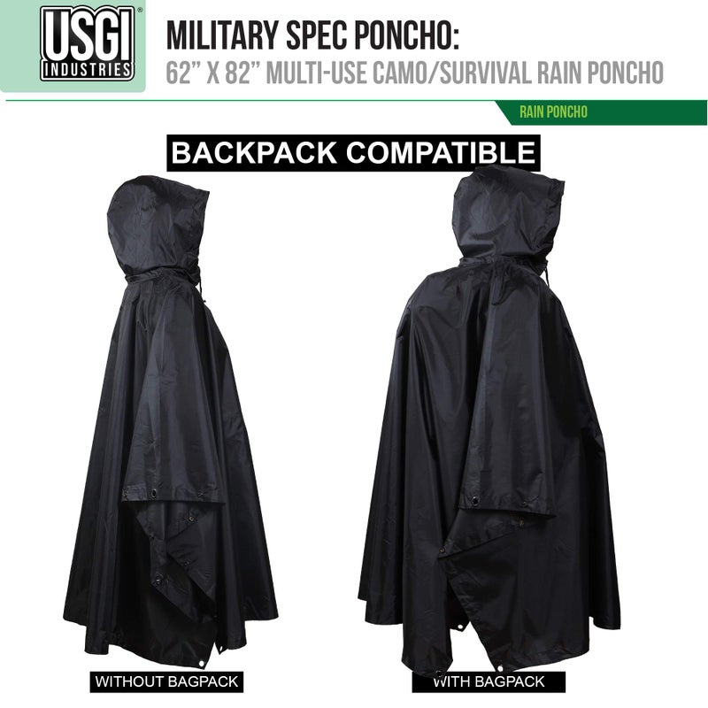 USGI Industries Military Style Poncho | Lightweight Tactical Multi Use Rip Stop Camouflage Rain Poncho | Perfect for Hiking, Hunting, Emergency Tent, Survival (Jet Black) - Image 2