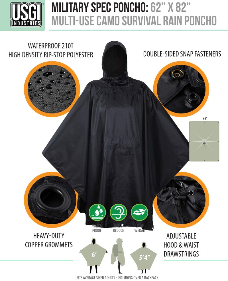 USGI Industries Military Style Poncho | Lightweight Tactical Multi Use Rip Stop Camouflage Rain Poncho | Perfect for Hiking, Hunting, Emergency Tent, Survival (Jet Black) - Image 5