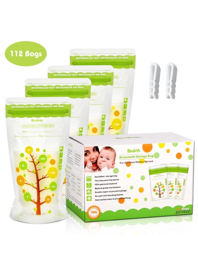 Bimirth Breastmilk Storage Bags, 112 Count BPA Free Convenient Milk Storage Bags for Breastfeeding, 8oz/235ml, 2 Easy Pouring Spouts & Self-Standing Design - Image 1