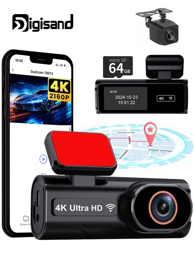 Digisand - 4k Front and Rear WiFi GPS Car Camera for Parking Mode, Car DVR for Night Vision, Car Recorder, App Control，Free 64GB SD Card，G-Sensor - Image 1