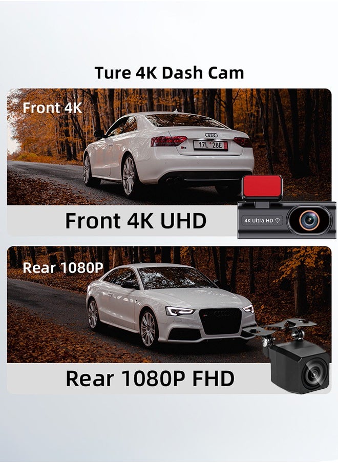 Digisand - 4k Front and Rear WiFi GPS Car Camera for Parking Mode, Car DVR for Night Vision, Car Recorder, App Control，Free 64GB SD Card，G-Sensor - Image 1