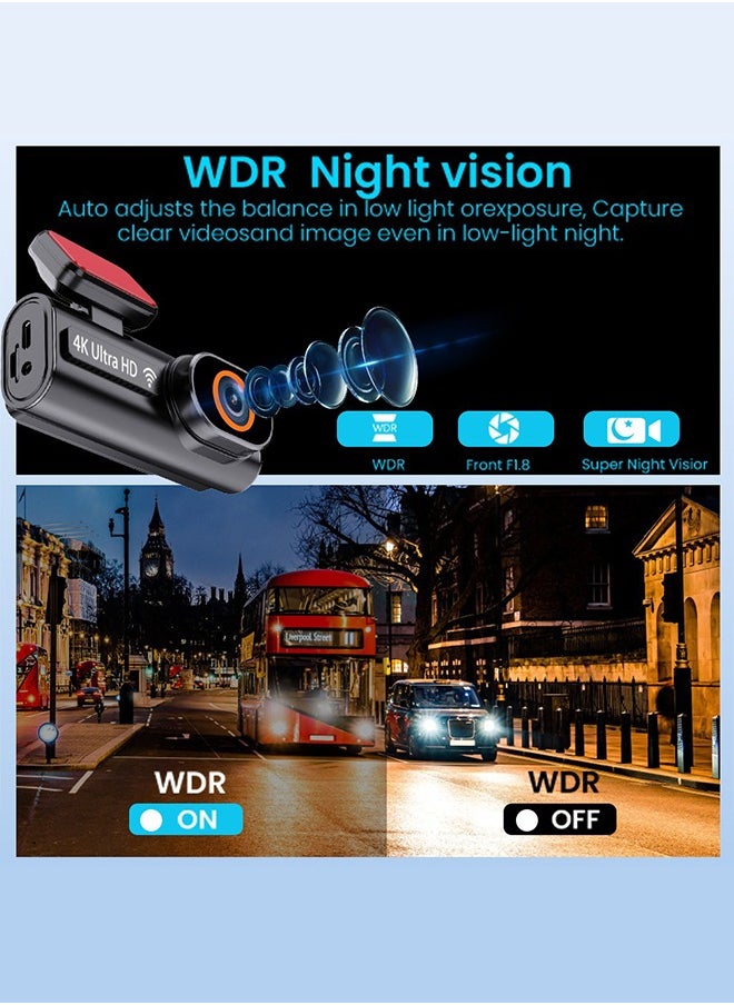 Digisand - 4k Front and Rear WiFi GPS Car Camera for Parking Mode, Car DVR for Night Vision, Car Recorder, App Control，Free 64GB SD Card，G-Sensor - Image 1
