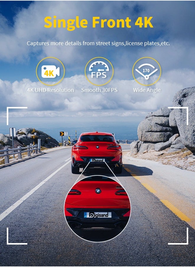 Digisand - 4k Front and Rear WiFi GPS Car Camera for Parking Mode, Car DVR for Night Vision, Car Recorder, App Control，Free 64GB SD Card，G-Sensor - Image 1