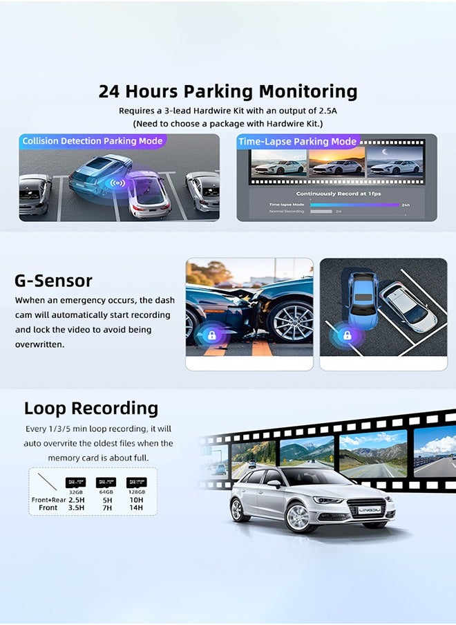 Digisand - 4k Front and Rear WiFi GPS Car Camera for Parking Mode, Car DVR for Night Vision, Car Recorder, App Control，Free 64GB SD Card，G-Sensor - Image 1