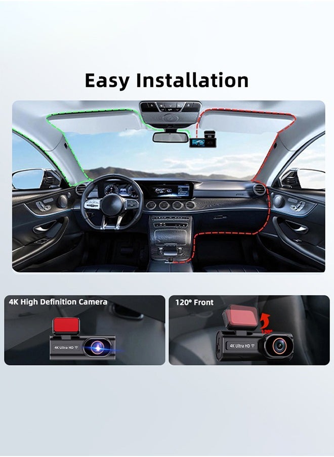 Digisand - 4k Front and Rear WiFi GPS Car Camera for Parking Mode, Car DVR for Night Vision, Car Recorder, App Control，Free 64GB SD Card，G-Sensor - Image 1