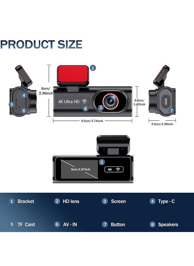 Digisand - 4k Front and Rear WiFi GPS Car Camera for Parking Mode, Car DVR for Night Vision, Car Recorder, App Control，Free 64GB SD Card，G-Sensor - Image 1