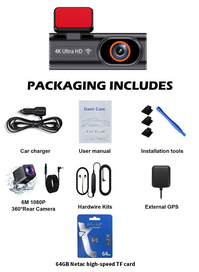 Digisand - 4k Front and Rear WiFi GPS Car Camera for Parking Mode, Car DVR for Night Vision, Car Recorder, App Control，Free 64GB SD Card，G-Sensor - Image 1