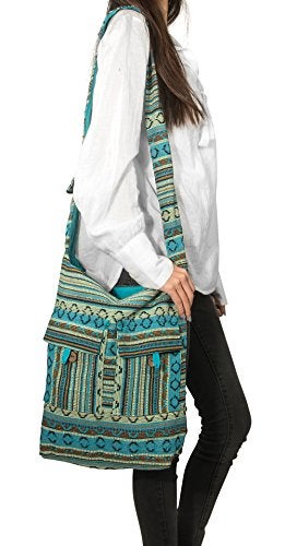 Tribe Azure Fair Trade Tribe Azure Blue Aztec Canvas Large Hobo Cross body Shoulder Sling Slouch Casual Shopping Market Bag - Image 2