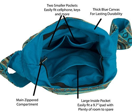 Tribe Azure Fair Trade Tribe Azure Blue Aztec Canvas Large Hobo Cross body Shoulder Sling Slouch Casual Shopping Market Bag - Image 5