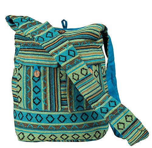 Tribe Azure Fair Trade Tribe Azure Blue Aztec Canvas Large Hobo Cross body Shoulder Sling Slouch Casual Shopping Market Bag - Image 1