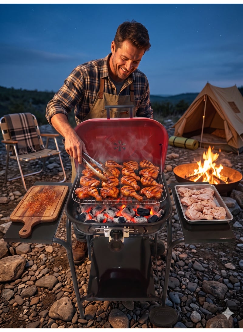 Genaric Portable BBQ Charcoal Grill with Wheels Lid Side Shelves Outdoor Garden Camping - Image 5