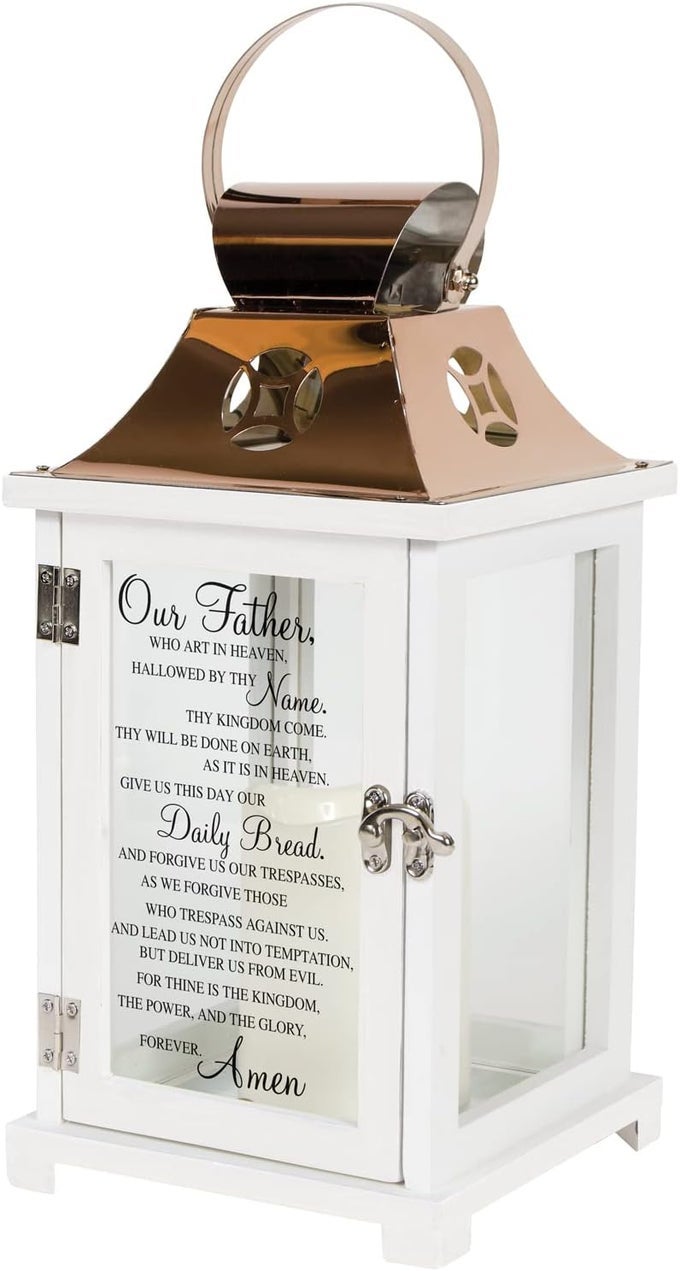 HOME ACCENTS INDOOR OUTDOOR OUR FATHER MEMORIAL SYMPATHY COPPER CANDLE LANTERN FOR LOSS OF LOVED ONE WITH AUTOMATIC 6 HOUR TIMER AND CALLIGRAPHY