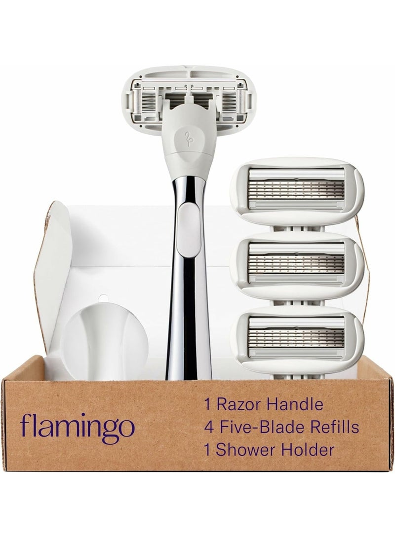 Flamingo 1 Women's Razor Handle (Chrome), 4 Razor Five-Blade Refills and 1 Shower Holder - Image 1