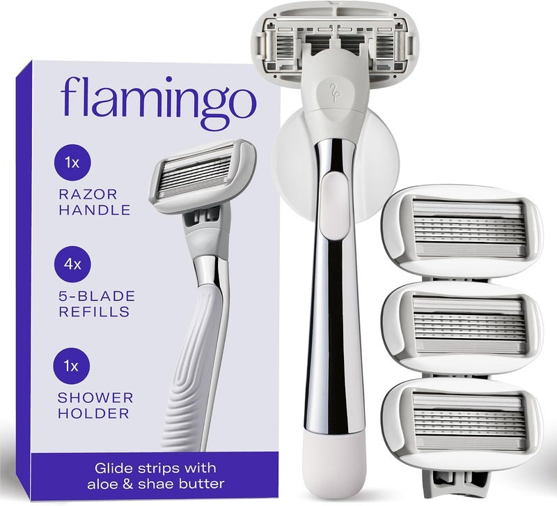 Flamingo مقبض ماكينة حلاقة فلامينغو 1 للنساء (كروم)، 4 شفرات حلاقة بخمسة شفرات و 1 حامل دش - Image 1