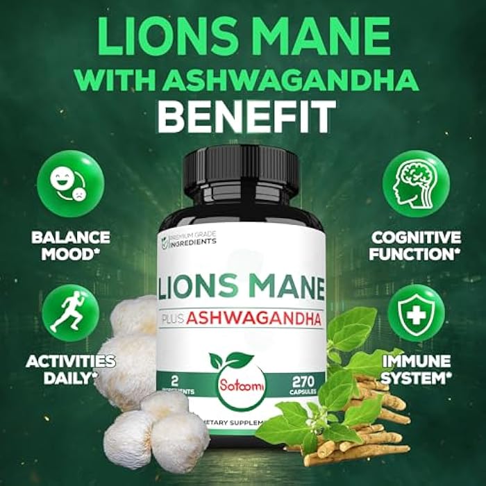 Satoomi Lions Mane Supplement Capsules with Ashwagandha Supplement - 270 Capsules - High Concentrated for Restful Mind, Brain Health, Immune System & Focus Support - Gluten-Free, Non-GMO - Image 3