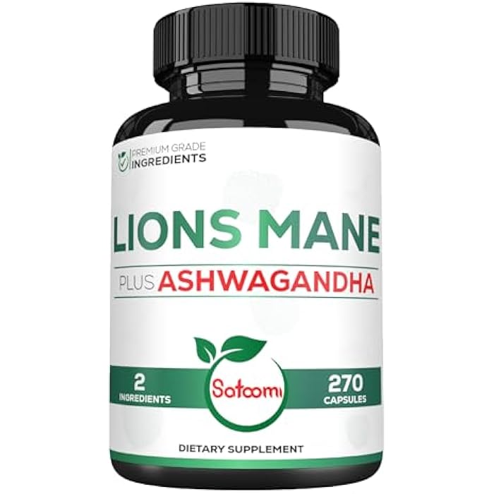 Satoomi Lions Mane Supplement Capsules with Ashwagandha Supplement - 270 Capsules - High Concentrated for Restful Mind, Brain Health, Immune System & Focus Support - Gluten-Free, Non-GMO - Image 1
