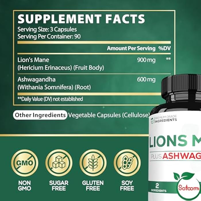 Satoomi Lions Mane Supplement Capsules with Ashwagandha Supplement - 270 Capsules - High Concentrated for Restful Mind, Brain Health, Immune System & Focus Support - Gluten-Free, Non-GMO - Image 2