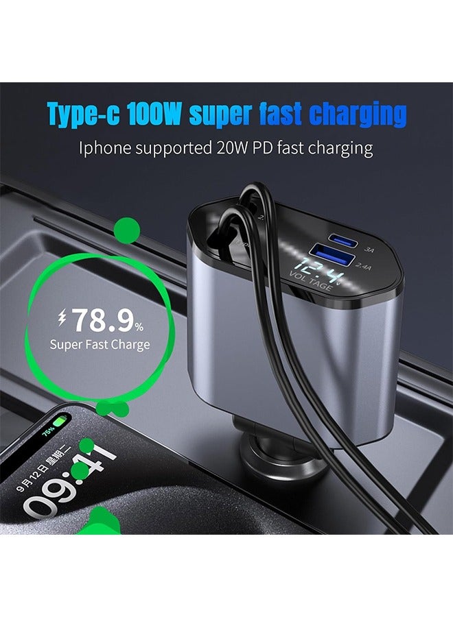 داريو شاحن سيارة 4 في 1 قابل للسحب 120 واط شحن سريع USB-C و Lightning لأجهزة iPhone و Samsung و Pixel و Google مناسب للاستخدام اليومي في السيارة من 12V إلى 24V - Image 2